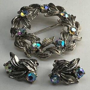 Festive Silver and A.B. Wreath Brooch, and Clip Earring Set.